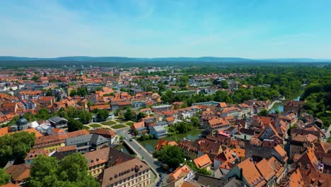 4k aerial drone video of the beautiful historic homes in the little venice area of bamberg, germany