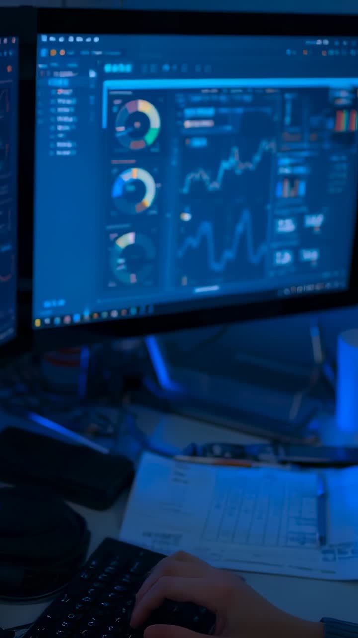 Vertical video: Typing hand navigating dashboard at desk on key press, with mug for data analysis