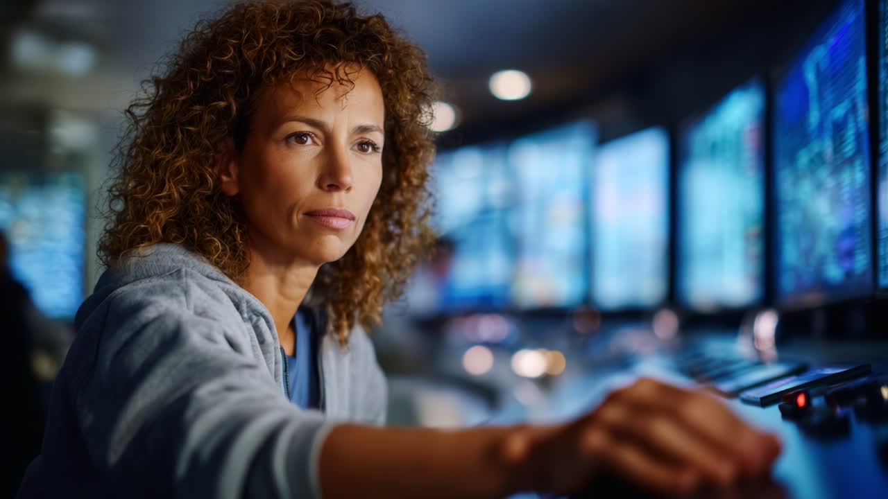 Focused female operator monitors data in a high-tech control room, analyzing critical information on multiple screens with a serious expression of concentration