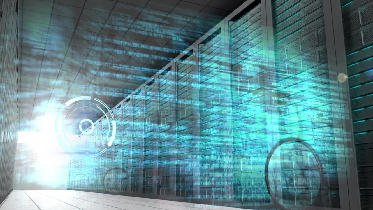 Animation of hand with magnifier and diverse data processing over server room