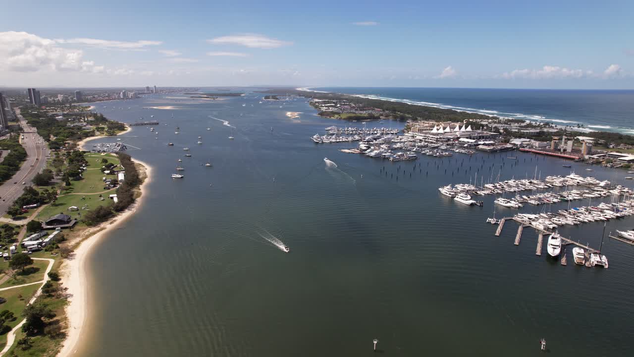 Southport Yacht Club And Marina, Main Beach, QLD, Australia - Aerial Drone Shot