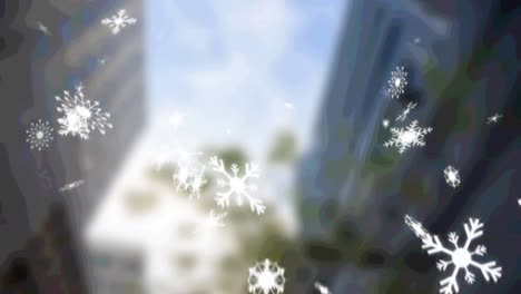 Animación-De-Nieve-Cayendo-Sobre-El-Paisaje-Urbano-Desenfocado-En-Segundo-Plano.