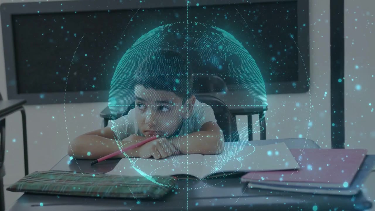 Male student class desk raising head and tapping pencil as holographic globe passing over, learning