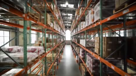 a comprehensive view inside a large storage facility featuring stacked boxes and shelving in an expansive warehouse environment with natural light streaming through windows