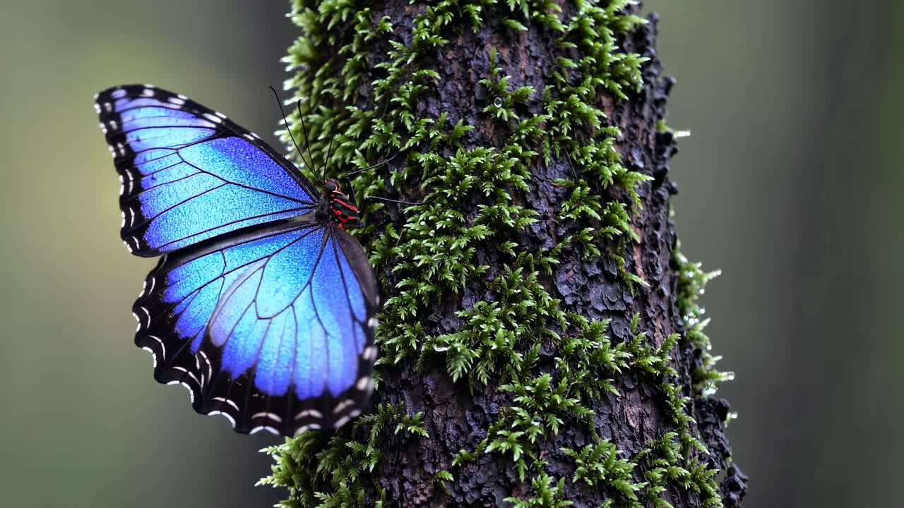 Video ravvicinato di una vivace farfalla blu appollaiata su un tronco d'albero ricoperto di muschio
