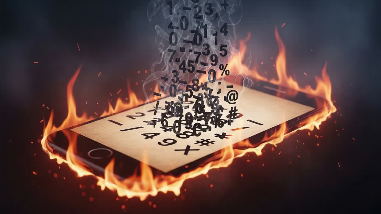 A Phone Surrounded by Flames and Overflowing with Glitching Symbols, Showcasing an Intense Fusion of Technology and Destruction in a Fiery Display