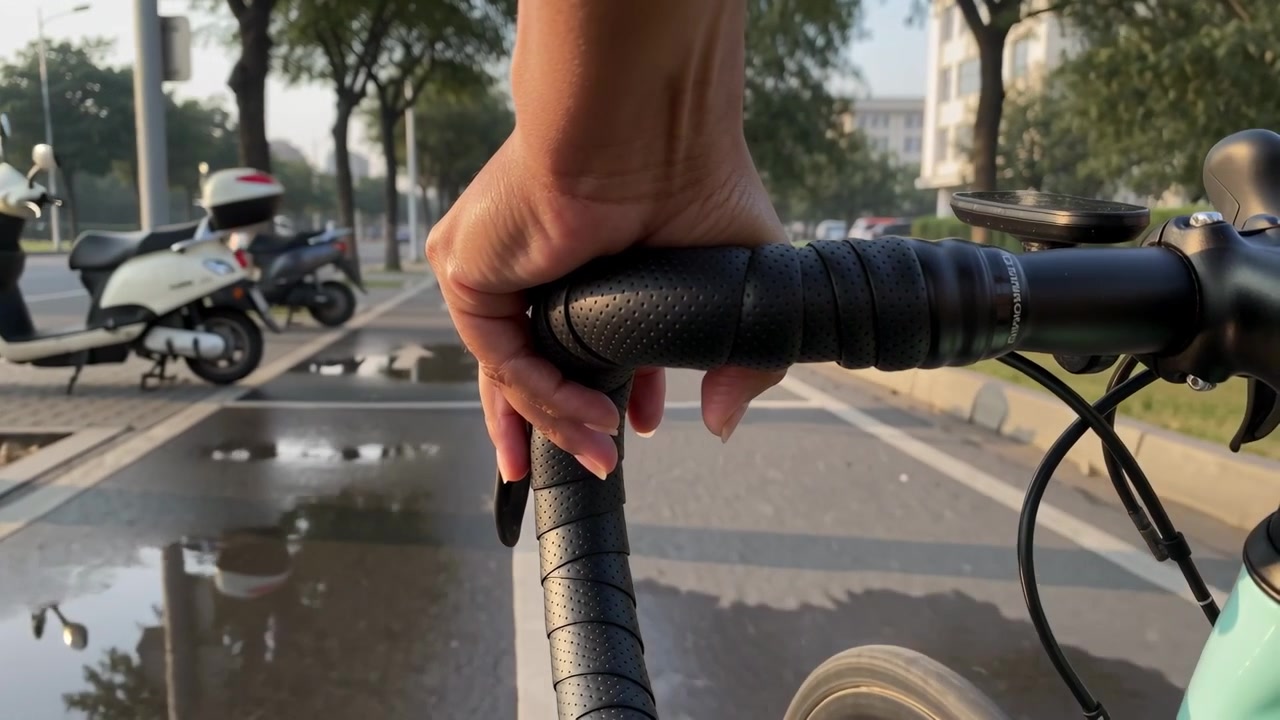 Pedalada iniciando o passeio, mão do ciclista segurando o guidão dropbar na ciclovia passando por poças