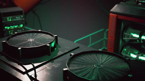 close-up of server rack with cooling fans in a dark room