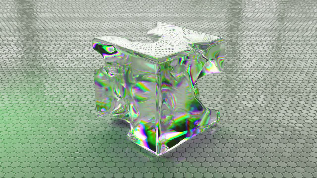 육각형 패턴의 배경에 추상적인 이리데센트 유리 큐브