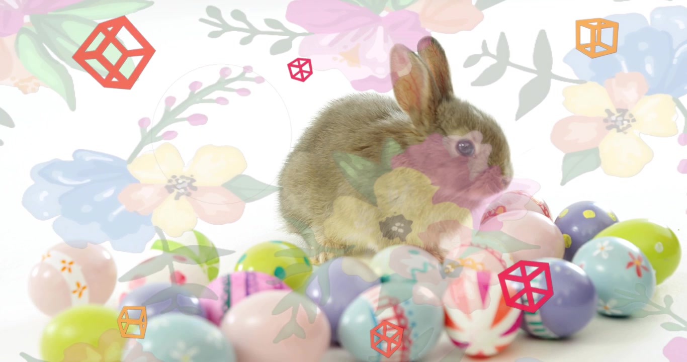 Brown rabbit shifting sniffing eggs as orange rings expand, red cubes drifting around for design