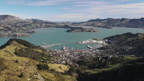 aerial establish shot of lyttelton harbour and banks peninsula, new zealand landscape