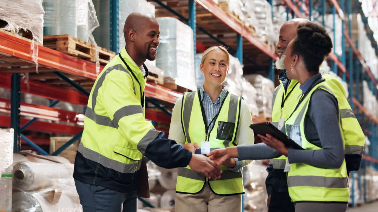 un grupo de diversos trabajadores del almacén se dan la mano y sonríen durante una reunión