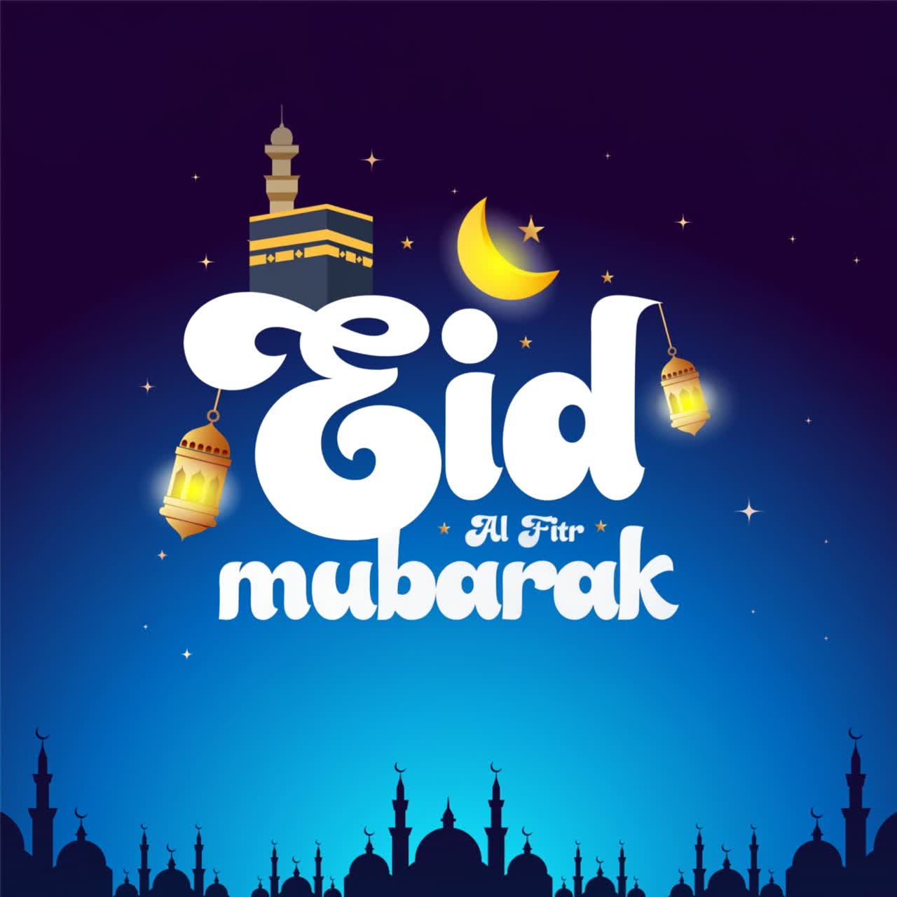 Eid al-Fitr Mubarak animazione tipografica con illustrazione della Kaaba, lanterne a mezzaluna e skyline di moschea su sfondo blu notte