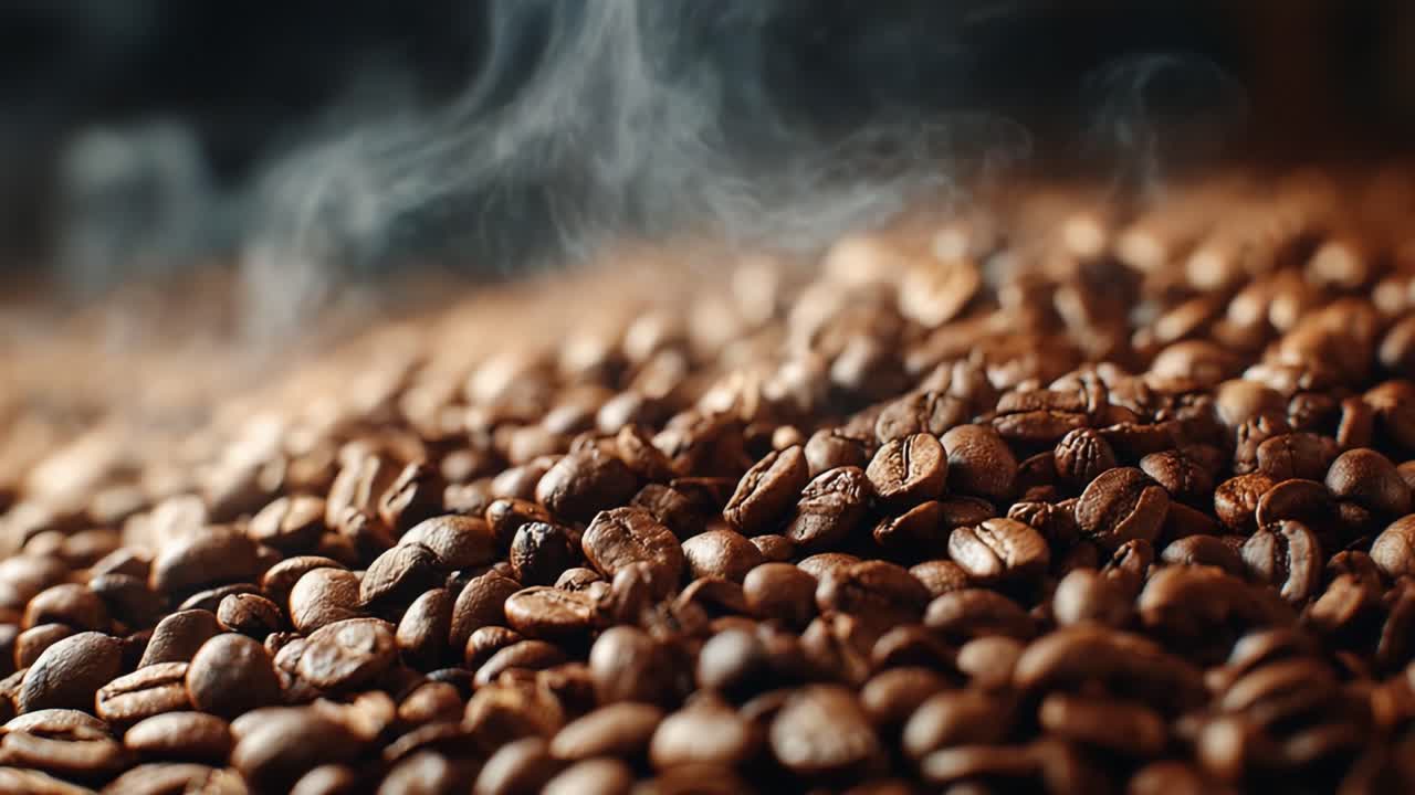 Friskristede kaffebønner, der udsender aromatisk damp, viser deres rige farve og tekstur i et nærbillede for at inspirere kaffeelskere og kendere