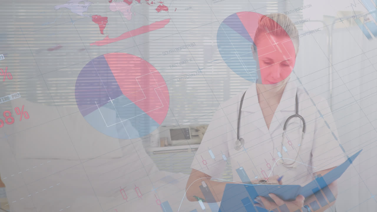 Animação de processamento de dados sobre médica caucasiana escrevendo
