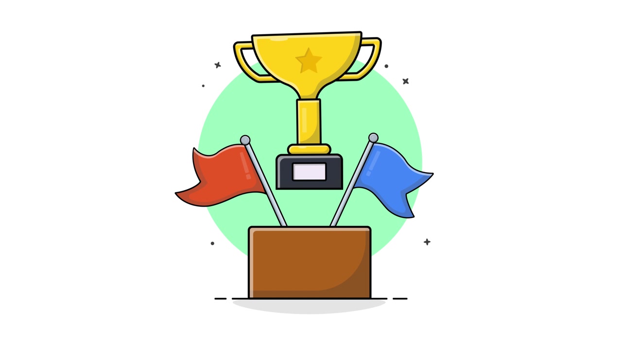 Animated Golden Trophy and Flags Appearing on Pedestal