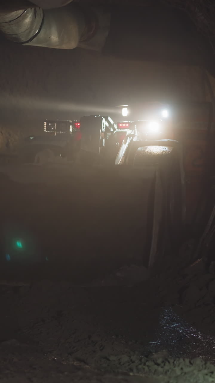 Heavy mining vehicle with big dipper drives into large dark mine to get fresh ore. Professional machinery illuminates area with bright headlights