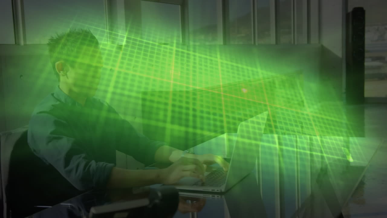 animación de línea isoeléctrica sobre hombre de negocios asiático usando computadora portátil en la oficina