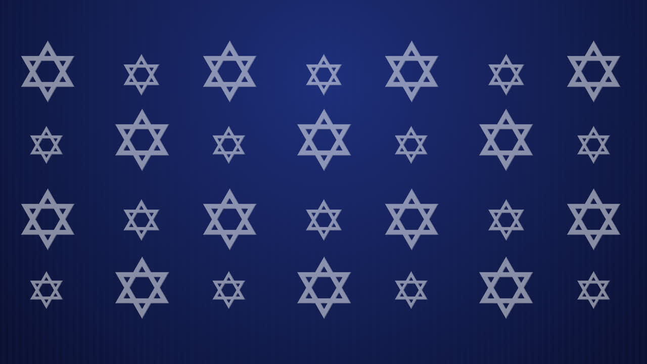 Gold jewish bible star of david symbol on animated blue background. Looped motion graphics with blurred particles.