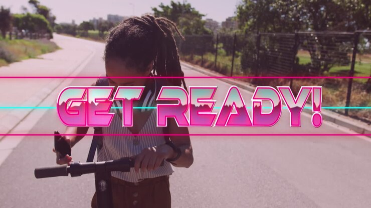 Animation of get ready text over smiling biracial woman with scooter using smartphone