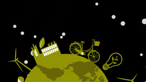 animación de globo verde con iconos ecológicos en fondo negro