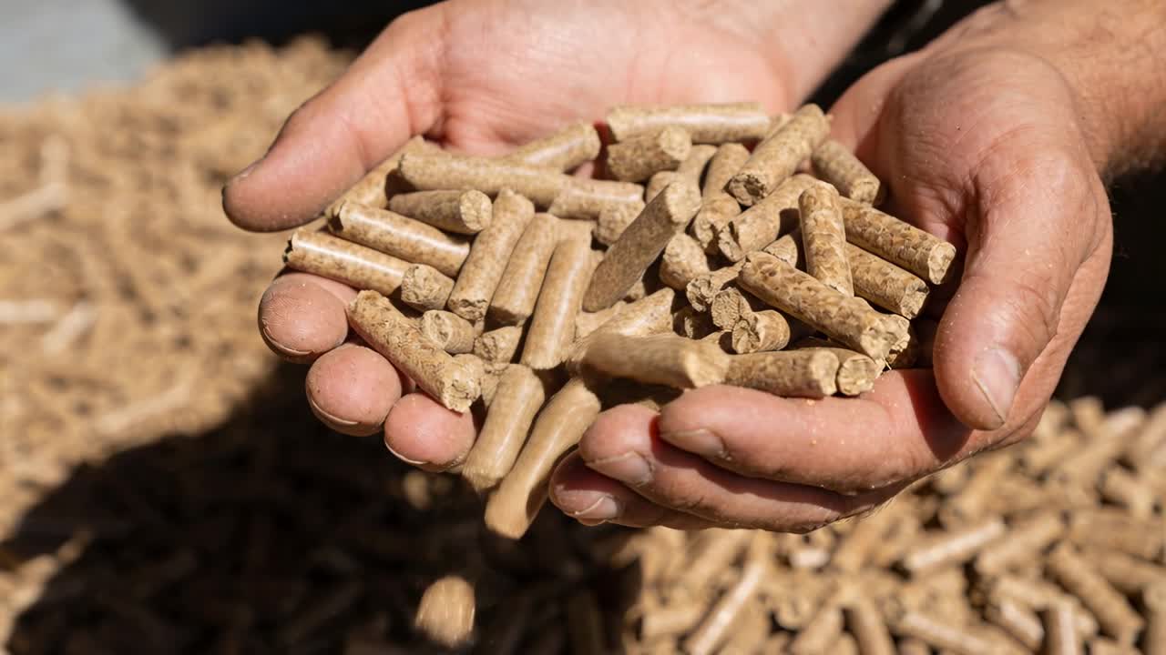Pouring bare hands and forearms releasing wood pellets over outdoor yard, casting shadow on pile