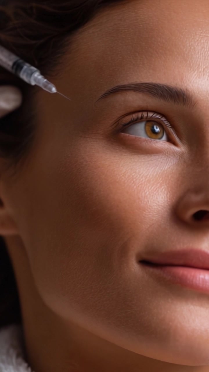 Un primo piano di una donna che si prepara per una procedura estetica, mettendo in risalto la sua bellezza facciale e la precisione di uno strumento per iniezione poco prima dell'applicazione.