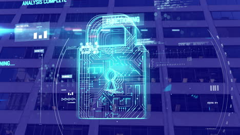 animation of online security padlock and data processing over purple modern building background
