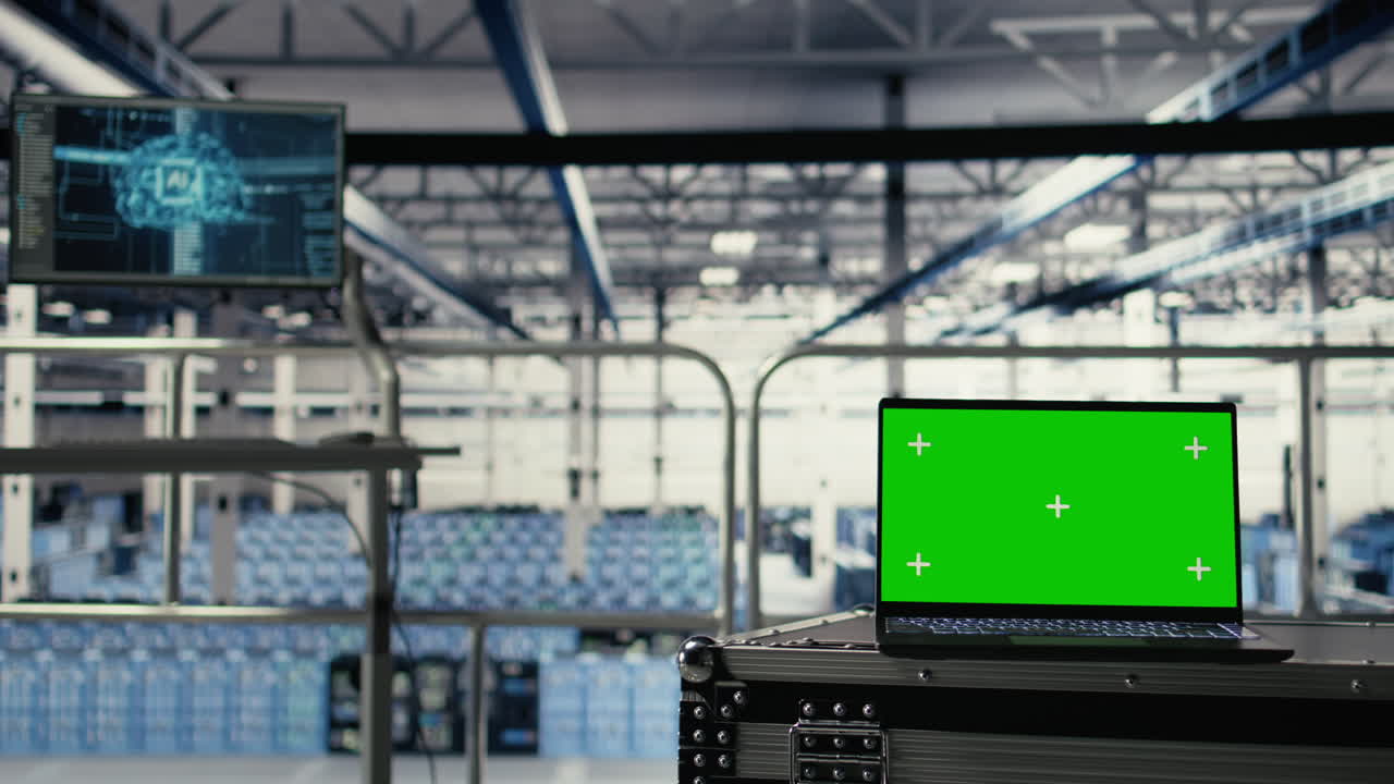 Close Up Of Green Screen Laptop In Server Hub With Hardware Supporting Ai