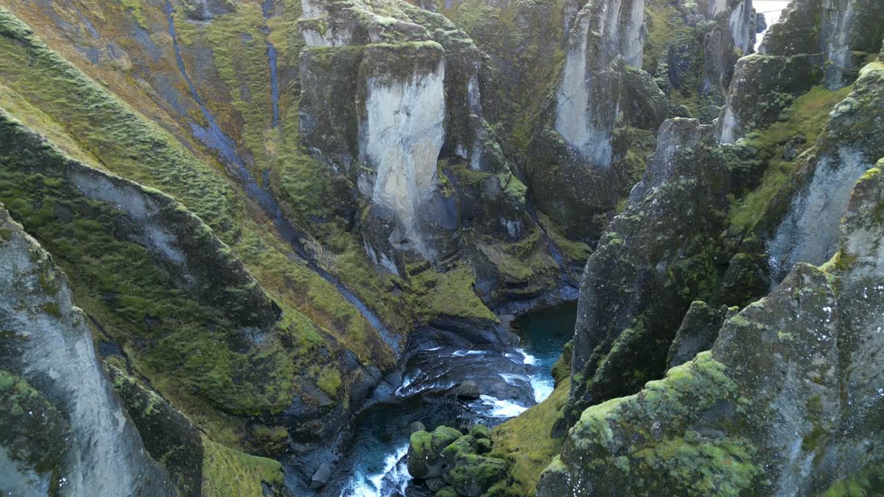 Unique aerial view through Stu&eth;lagil Canyon valley