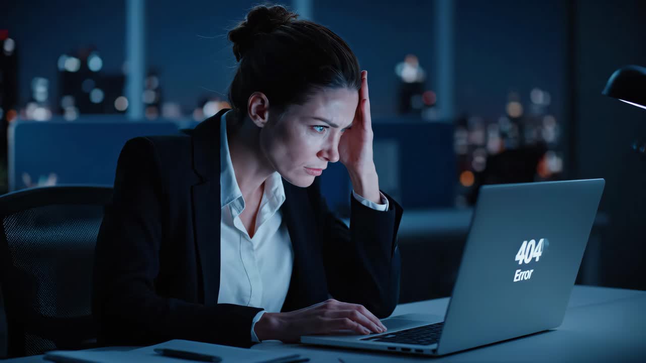 Businesswoman experiencing 404 error on laptop at night