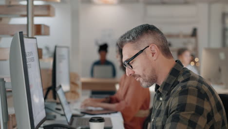 office, thinking and man at computer working