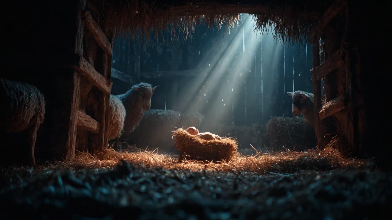 A Serene Scene in a Barn: A Newborn in a Nest Surrounded by Sheep, Illuminated by Soft Rays of Light Filtered Through a Rustic Opening