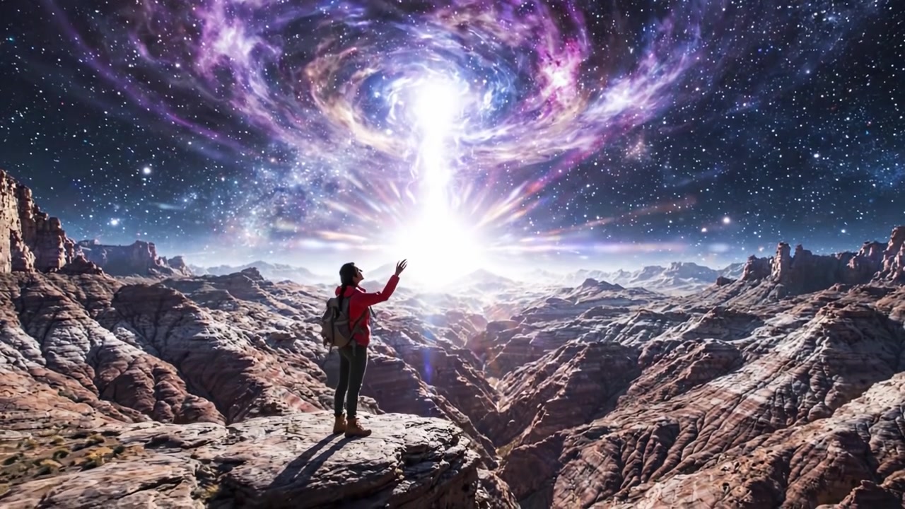 A Solitary Explorer Gazes at a Cosmic Phenomenon in a Breathtaking Landscape, Merging the Mystical Universe with the Majestic Terrain of an Otherworldly Canyon
