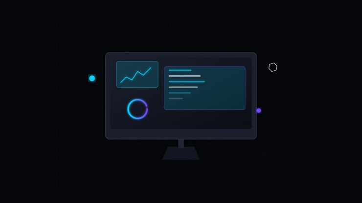 Animated Computer Monitor Displaying Data Analytics Dashboard