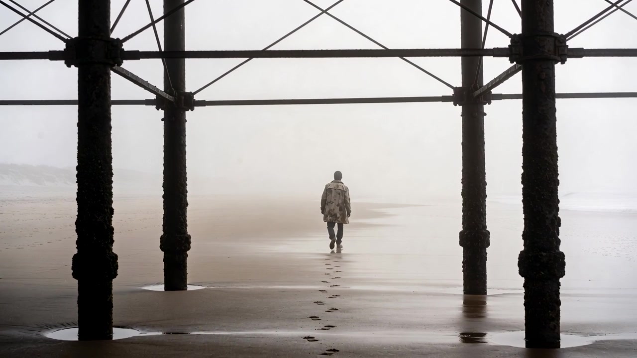 Walking man wearing coat continuing toward misty horizon under pier, leaving footprints in wet sand