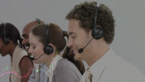 Animation-of-statistics-and-data-processing-over-business-people-wearing-phone-headsets