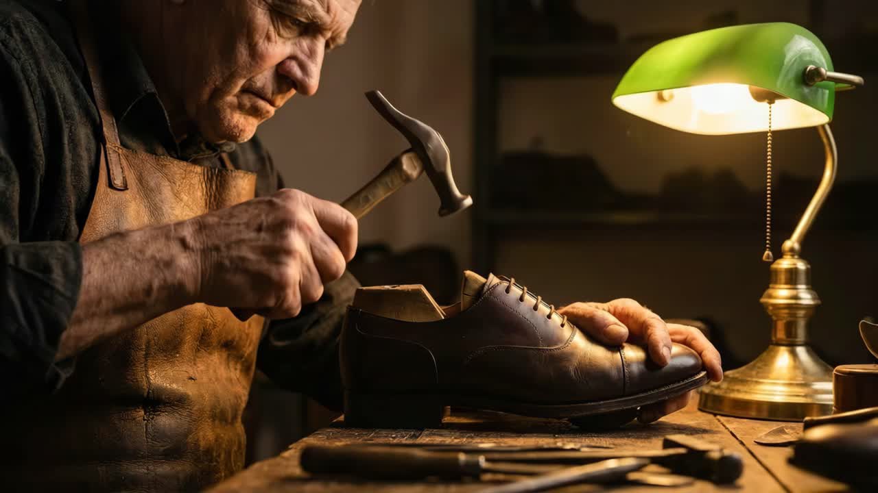 Sapateiro confeccionando sapatos de couro em sua oficina