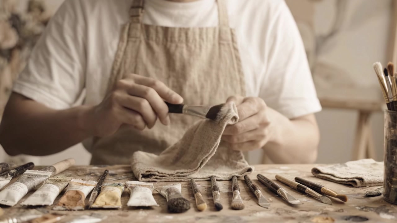 Lo spazio di lavoro di un artista: una vista dettagliata di strumenti per dipingere, pennelli e colori in uso, che cattura il processo creativo dell'arte e dell'artigianato
