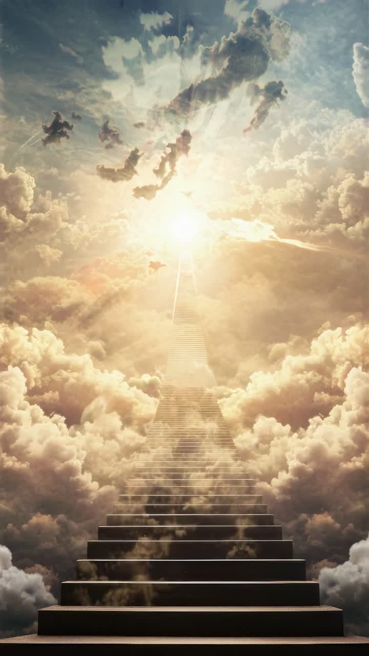 Surreal video concept of a stairway ascending into a bright sky, viewed from a low angle