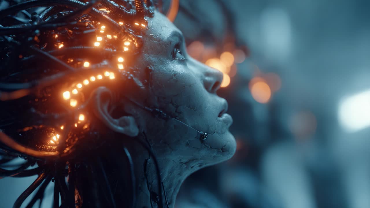 A Futuristic Portrait Emphasizing the Intricate Fusion of Organic and Mechanical Elements in a Cybernetic Entity with Luminous Neural Connections