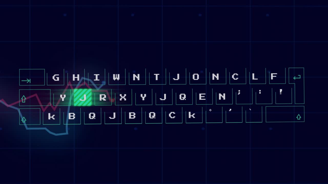 White square blocks dropping, keyboard tiles aligning, neon bands sweeping, emphasizing letters