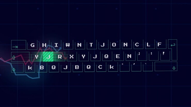 White square blocks dropping, keyboard tiles aligning, neon bands sweeping, emphasizing letters