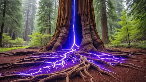 giant tree with mystical blue energy roots in a forest