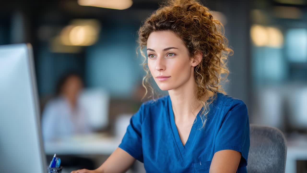 A Focused Healthcare Professional Engaged in Work at a Computer in a Modern Clinical Environment, Showcasing Dedication and Professionalism in Her Role