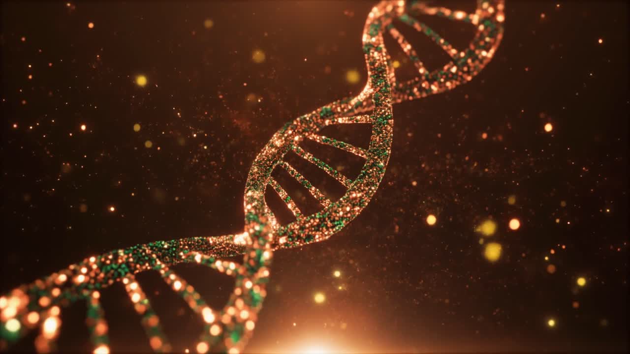 Struttura a doppia elica del DNA luminosa che ruota nello spazio astratto