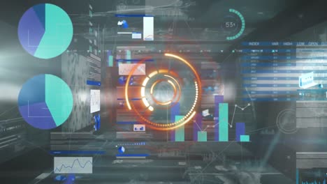 Animation-of-round-scanner-spinning-over-statistical-data-processing-and-network-of-connections