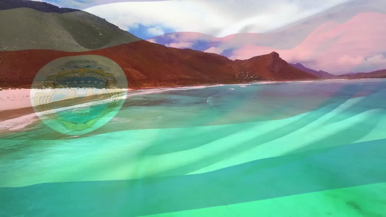 코스타리카의  ⁇ 발이 해변 풍경 위에서 날아다니는 애니메이션