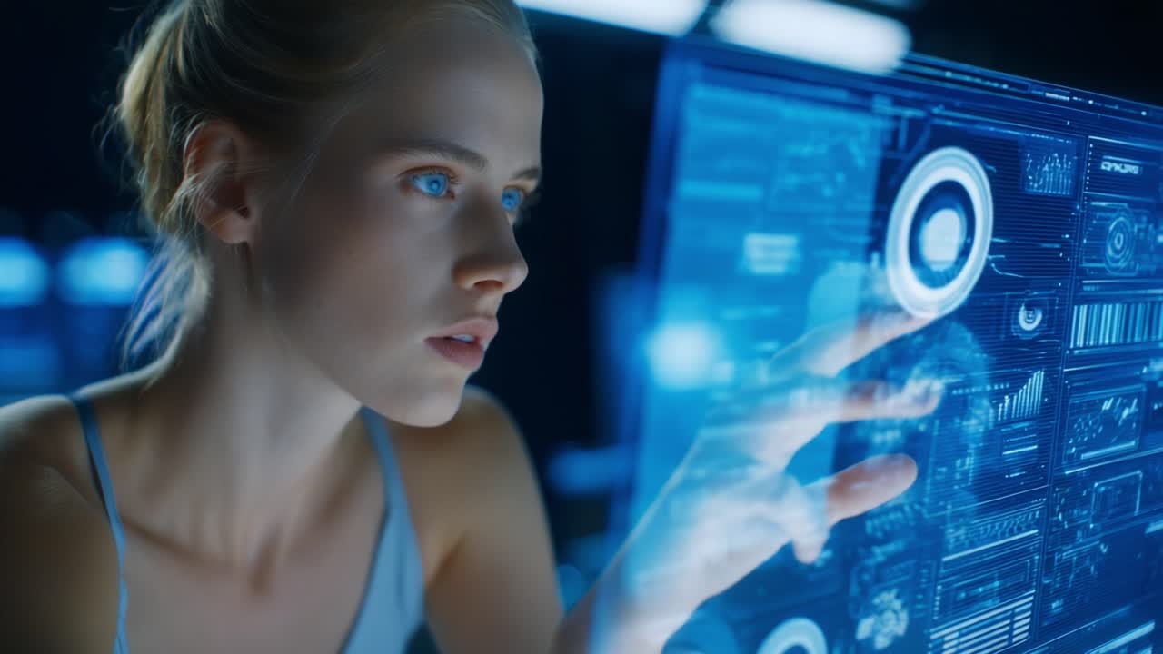 A focused young woman interacts with a futuristic holographic interface, analyzing complex data and visuals in a high-tech environment, showcasing advanced technology and digital engagement