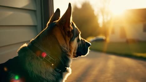 german shepherd dog gazes intently out a window, illuminated by the warm glow of the setting sun. the scene captures a moment of peaceful contemplation during the golden hour